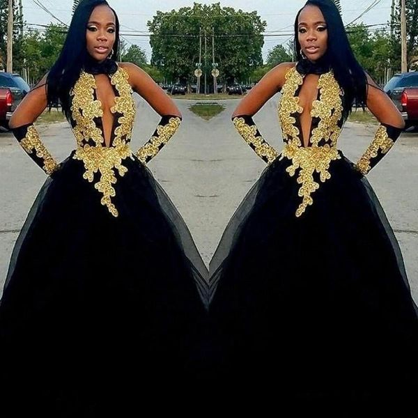 Moda de Nova Sexy alta Neck Africano Sereia Prom Dresses ouro apliques de renda formal vestido de noite vestido de tule festa vestido vestido de festa