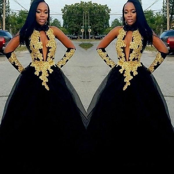 

new fashion high neck african mermaid prom dresses gold lace appliques formal dress evening dress tulle party gown vestido de festa, Black