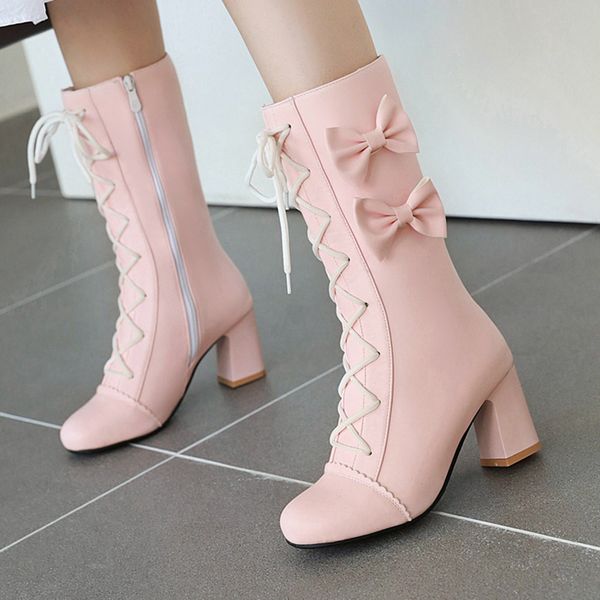 

maioumy new fashion autumn winter boots for woman quality puleather calf boots female round toe trendy lace-up square heel shoes, Black