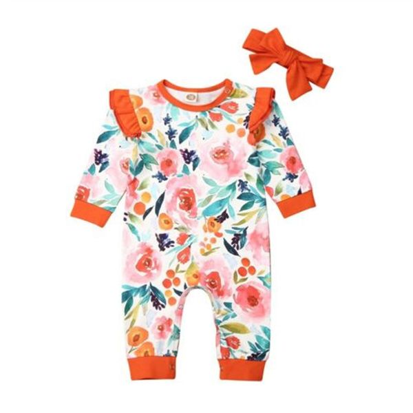 

2019 infant baby girl floral romper jumpsuit+headband clothes outfits, White