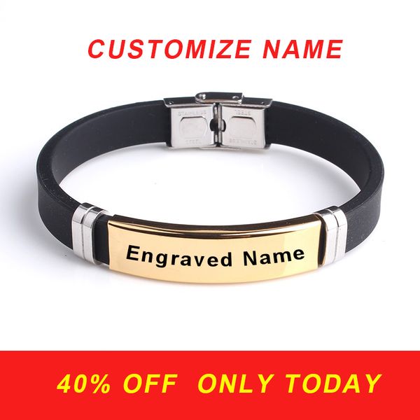 

fashion personality custom engrave name bracelet gold color smooth silicone 316l stainless steel bracelets for men jewelry, Golden;silver