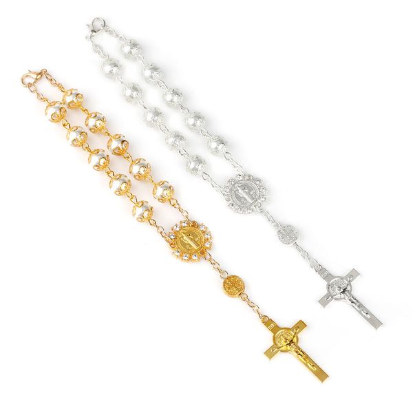 Nuovo oro argento pizzo vetro imitazione perla rosario cattolico braccialetto preghiera perline Gesù croce perline bracciali dichiarazione gioielli