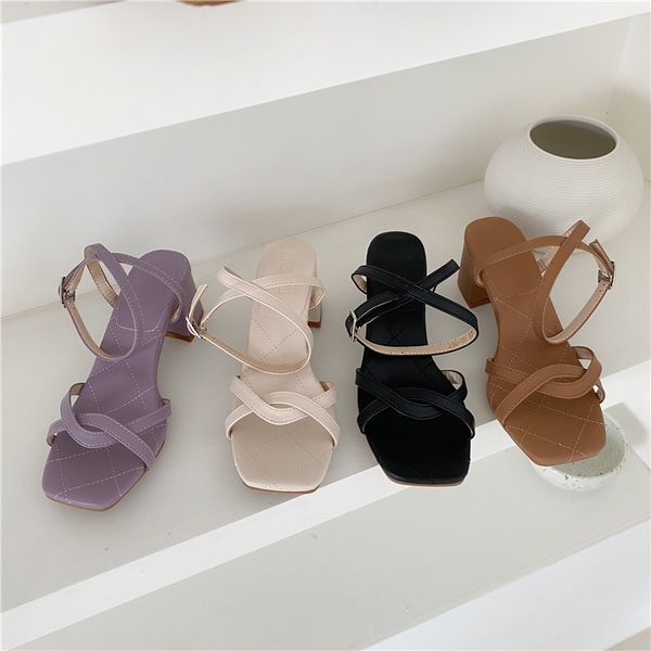 

fashion womens shoes 2020 cross open toe block heels high sandals female all-match med luxury comfort block peep women's square, Black