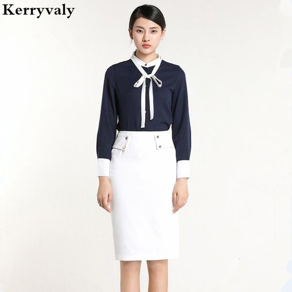 

womens two piece sets 2018 autumn 2 piece set women long sleeves retro shirt + professional office white skirt suit k9907, Gray