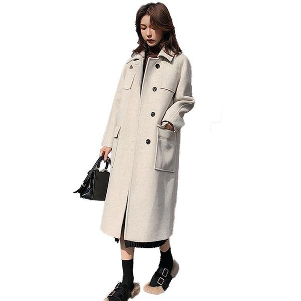 

women 2019 spring autumn wool blend long coat female elegant vintage slim overcoats ladies casual warm solid woolen outwear v739, Black