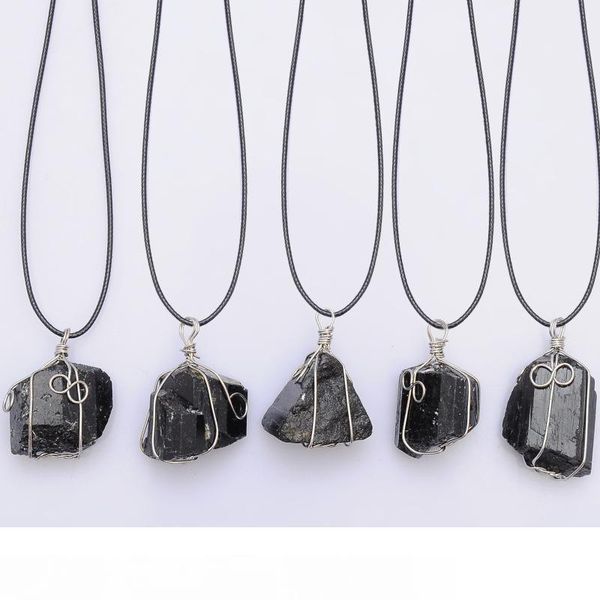 

great black tourmaline pendant necklace raw stone schorl leather necklace chakra healing crystal quartz point pendant natural stone necklace, Silver