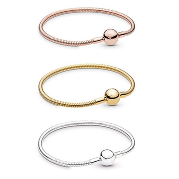 

bbee 925 silver moments smooth ball clasp snake chain basic bracelet for beads charm jewelry party gifts fit pandora bracelet, Golden;silver