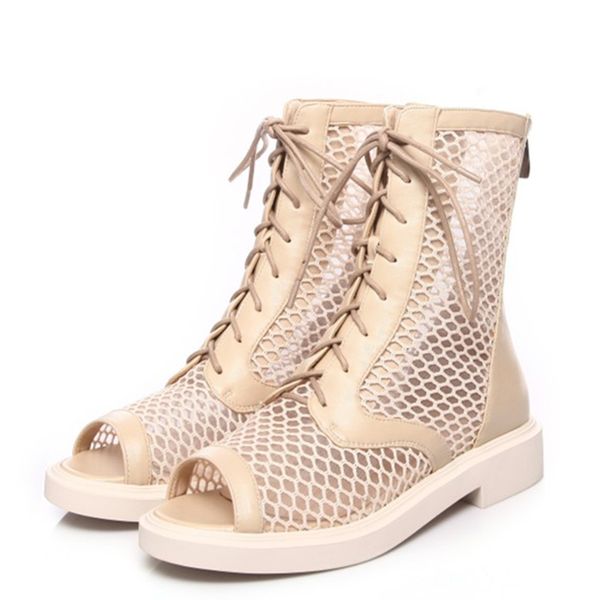 

breathable mesh summer boots for woman fashion peep toe ankle boots women lace up casual flat heels women's summer shoes black