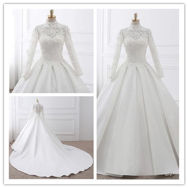 

белые кружева свадебные платья высокого шеи длинным рукавом с аппликациями из бисера иллюзия назад с молнии свадебные платья элегантные свад, White