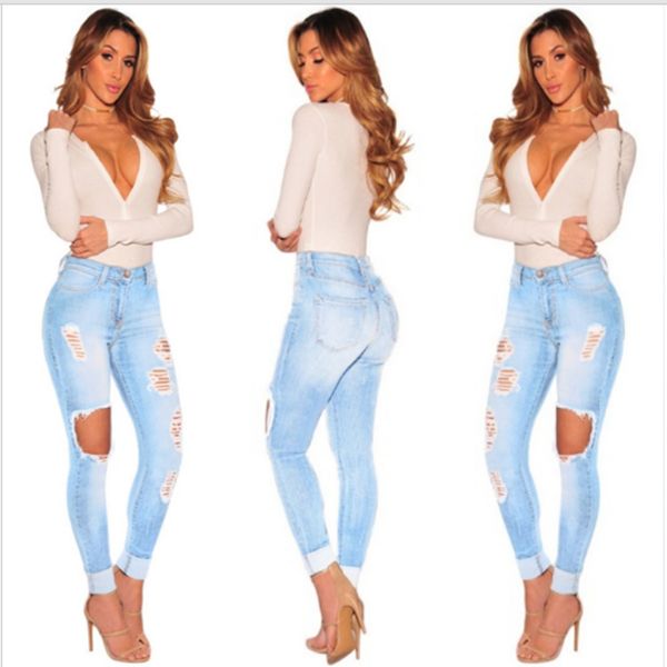 

skinny jeans trousers pencil-pant knee ripped denim high-waist casual hole dm001, Blue