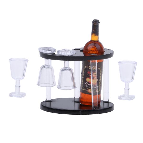 

1/12 dollhouse miniature champagne bottle wine rack four glass cups red