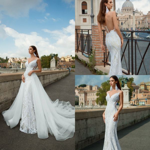 

2020 overskirt mermaid wedding dresses with detachable train v neck backless vintage wedding dress custom made bridal gown vestidos de novia, White
