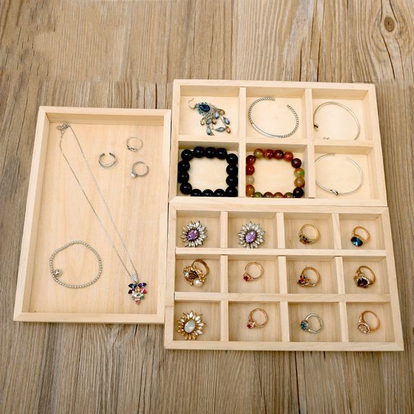 

[ddisplay]creative wooden pendant lattices display tray nature rings jewelry storage holder personalized solid wood necklace organizer tray, Black