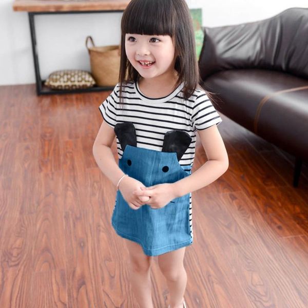 

baby girl dress cute fashion clothes с коротким рукавом o-образным вырезом джинсовое платье в полоску сращивание мультфильм мышь лоскутная о, Red;yellow