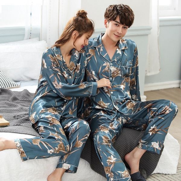 

long sleeve silk couple pajamas spring and autumn new men and women print fake silk home service sleep pajama satin cz276, Blue;gray