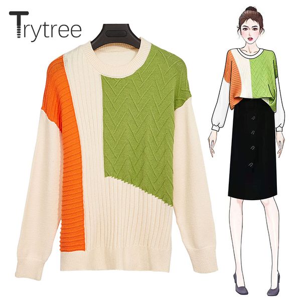 

trytree 2019 winter women casual sweater o-neck patchwork pullovers 2 colour sweater fashion computer knitted loose top, White;black