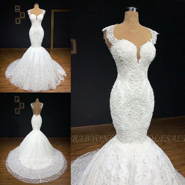 

элегантный белый fancy полный шнурок mermaid свадебные платья real image cap sleeve sheer neck backless свадебные платья с кнопкой покрытый, White