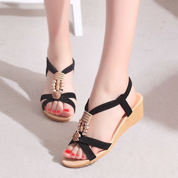 

2019 fashion summer bohemian women sandals beach shoes elastic casual female beaded open toe roman low flat shoes plus size, Black