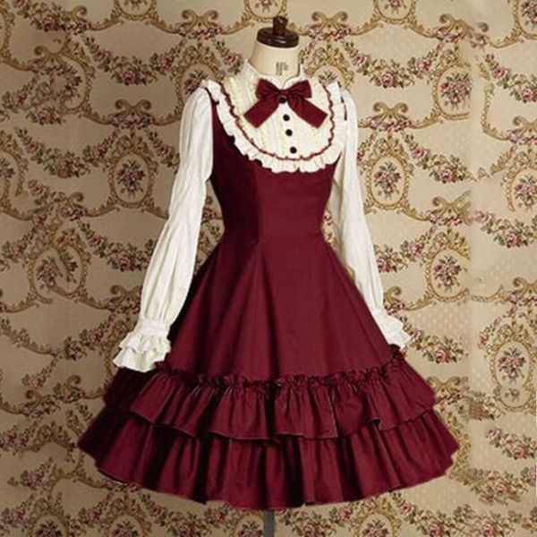 

women's polyester bow-knot medieval retro maid wear dress stage performance long sleeve dresses, Black;gray