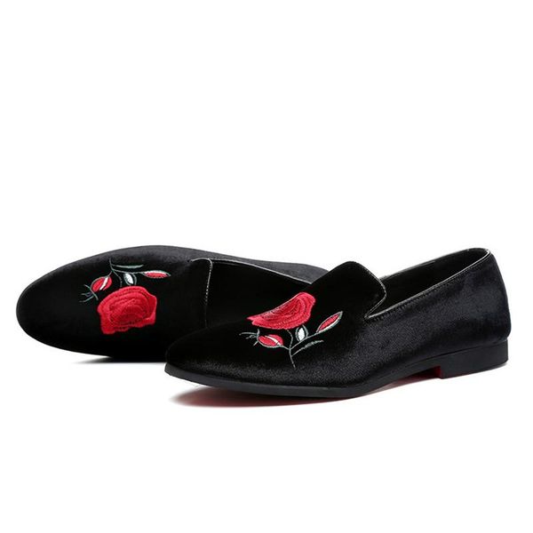 

fashion mens velvet embroidery red shoes loafers pointed toe slip on flat leather casual shoes driving moccasins, Black