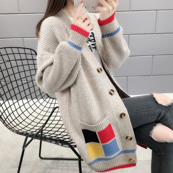

women's sweater cardigan 2019 spring autumn new casual fashion sngle-breasted v-neck pocket knit sweater outwear female jacket, White