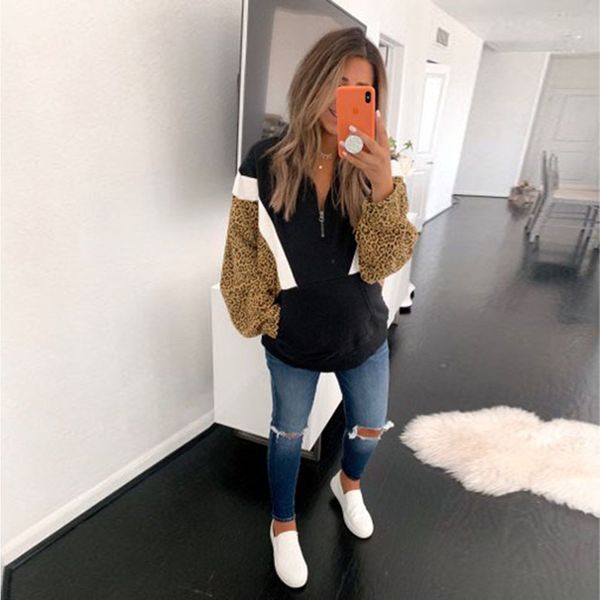

2019 women sweatshirt fashion female multicolor patchwork sweatshirt leopard print black and white lapel casual wild jacket