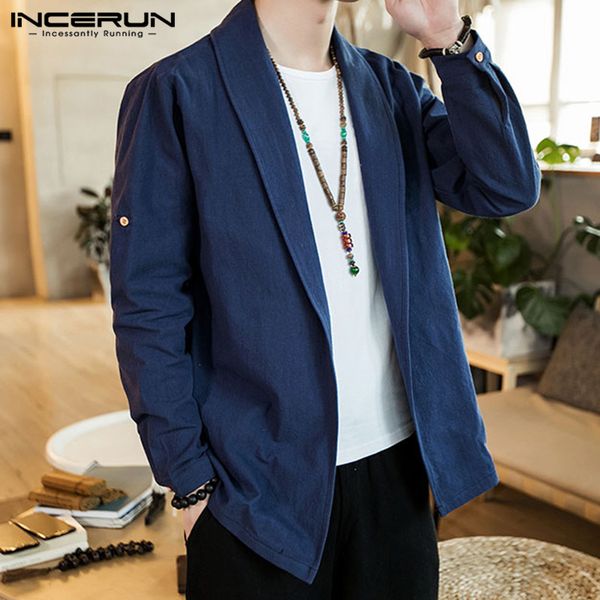 

incerun men trench coats vintage solid cotton lapel long sleeve 2019 streetwear cardigan leisure chinese style mens outerwear, Tan;black