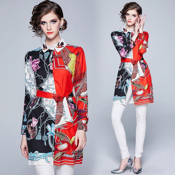 

Новый 2019 Роскошный цветочный Printed Воротник женщин Ladies вскользь офис кнопки на пер