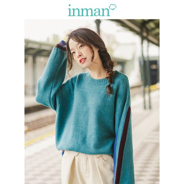 

inman 2019 winter new arrival fashion o-neck contrast color drop-shoulder sleeve warm loose women pullover, White;black