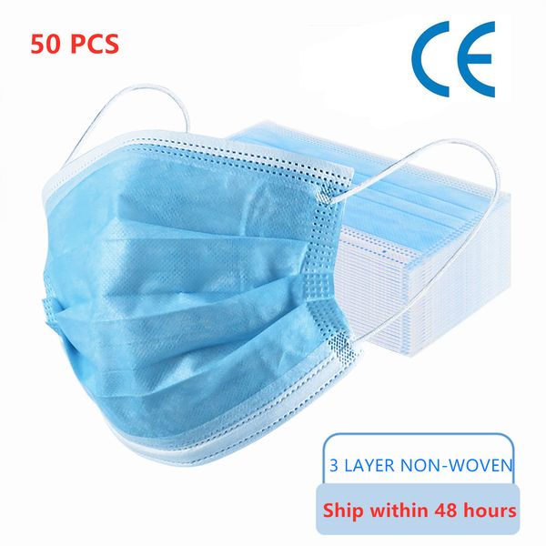 

50 pcs disposable mask fast delivery dustproof antibacterial blue protective mask 3-layer non-woven disposable safety mask