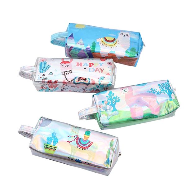 

laser pencil case alpaca handles for girls student big capacity pu cactus pencil box bag school supplies stationery