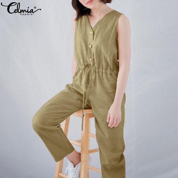 

celmia vintage cotton linen jumpsuits 2019 summer v neck sleeveless women rompers bottons loose playsuit plus size overalls, Black;white