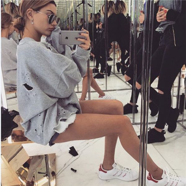 

women's hoodies & sweatshirts women sweatshirt sweater crop coat sports pullover hole solid loose long sleeve fitness female tees, Black
