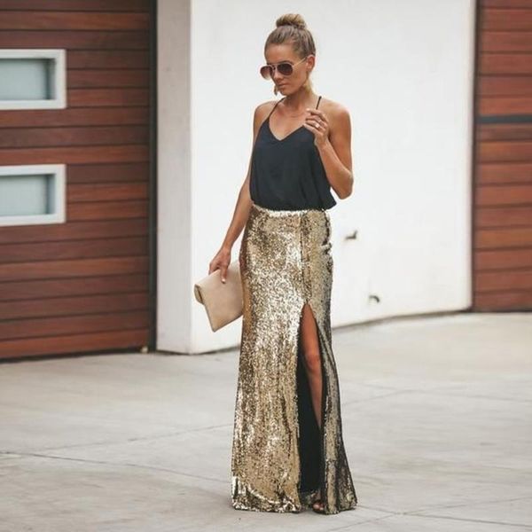 

sparkle gold sequined mermaid women skirts side split zipper long female skirt custom made fashion saias, Black