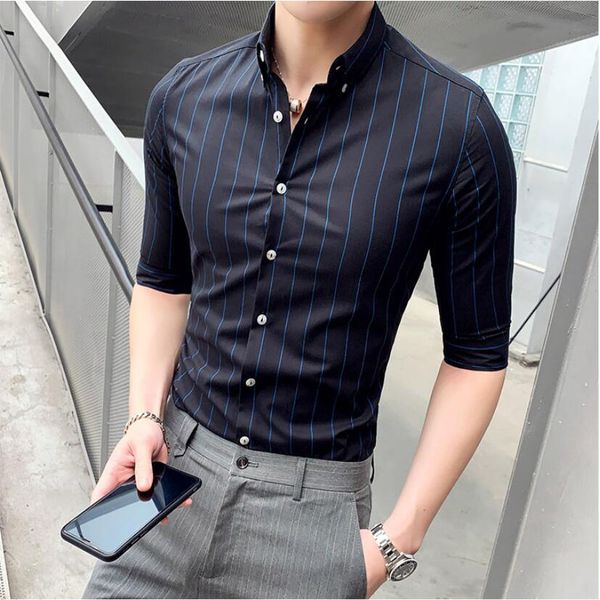 

2019 summer dress shirt men fashion business stripe shirts men half sleeve slim fit streetwear camisa masculina shirt s-3xl, White;black