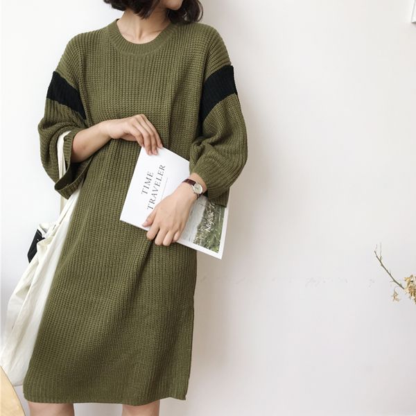 

casual women sweater dresses long sleeve striped knitted pullovers o neck loose long pullover dress autumn winter warm women top, White;black
