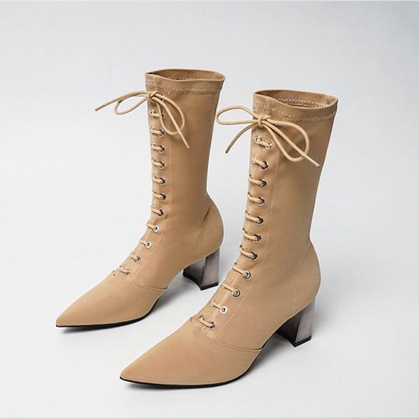 

lansuxiang brand design vintage women shoes winter shoes short boots high heels pointed toe party ladies, Black