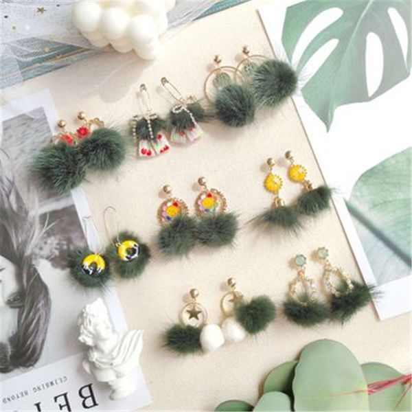 

female women girl dangle drop earrings fall winter green korean hair fur ball star fashion jewelry accessories wholesale-jqd5-w9, Silver