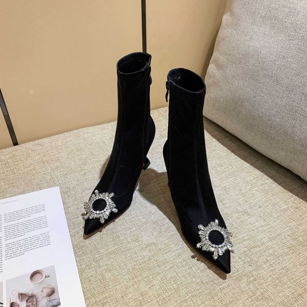 

glitter crystal buckle stretch sock boots pointed toe strange heels women riding knight booties plush warm botines shoes, Black