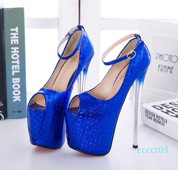 

19cm super platform ultra high heels peep toe pumps women party club wear fuchsia blue gold big size 34 to 40 41 42 43, Black