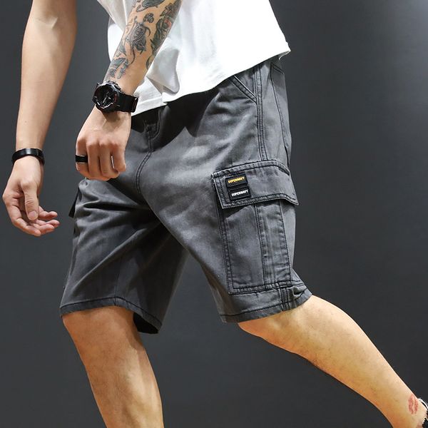 

summer denim shorts cargo jeans men cotton solid straight loose male denim short pocket frayed knee length pants, Blue