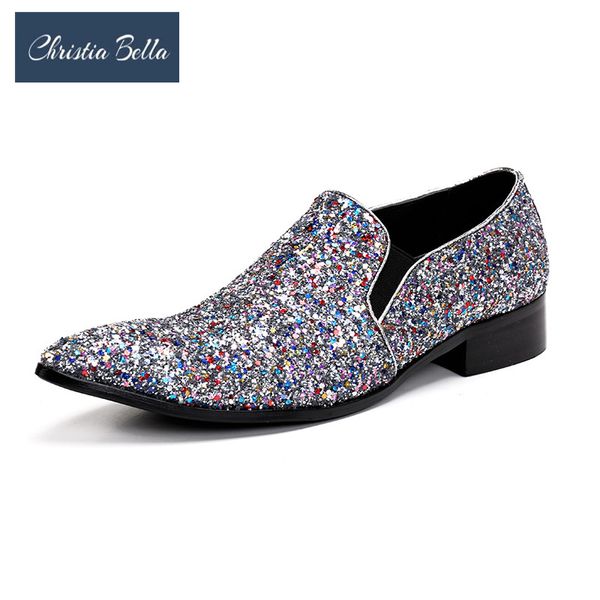 

christia bella new fashion brilliant sequins genuine leather men shoes big size pointed toe slip on formal party dress shoes, Black