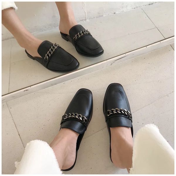 

slippers suojialun design slip on outside mules chain british sandal shoes flat round toe slides big size 41, Black