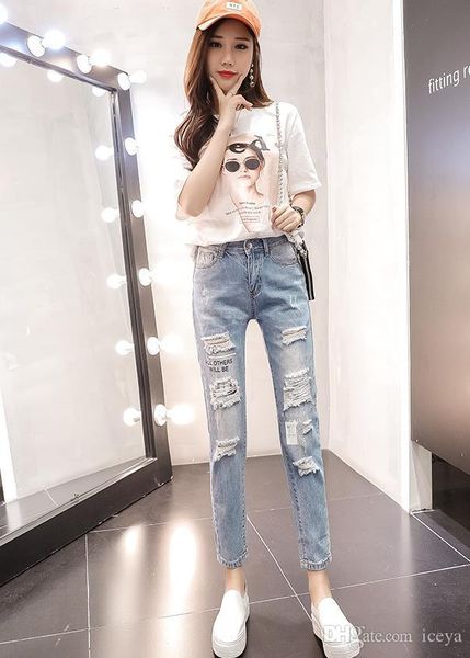 

shredded jeans female nine pants korean version of the tide loose slim pants 2020 summer new students wild pants, Blue