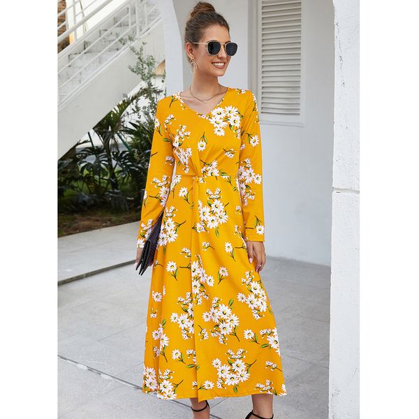 

2019 new autumn and winter long-sleeved v-neck long-sleeved dress put on a large printing wholes, Black;gray