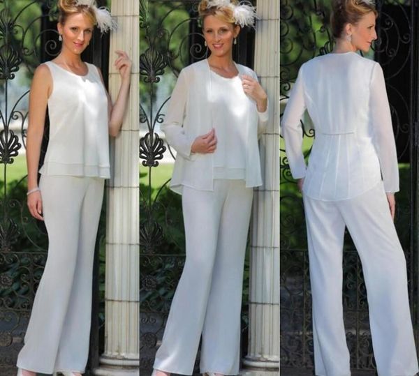 2019 Nuovo elegante madre della sposa 3 pezzi pantalone in chiffon spiaggia matrimonio abiti da sposo per la madre economici senza maniche abiti da cerimonia per la mamma