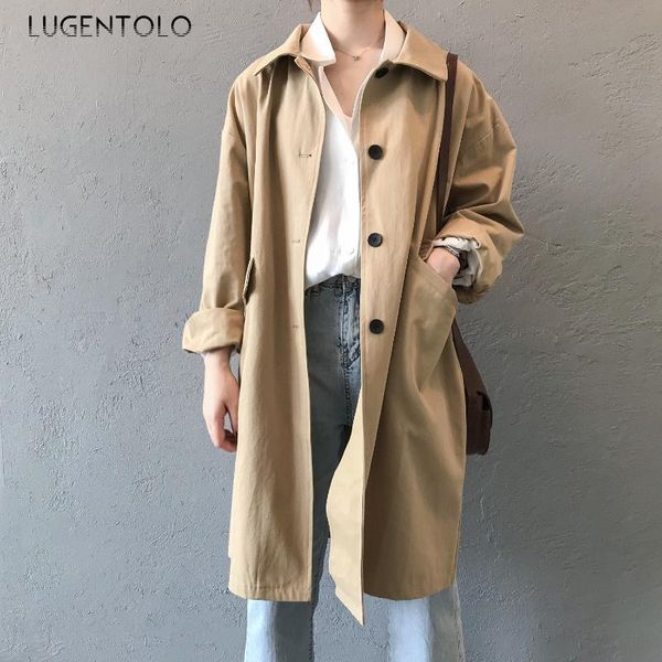 

lugentolo women trench coat women autumn new korean version loose slim long sleeve tooling pocket single-breasted fashion trench, Tan;black