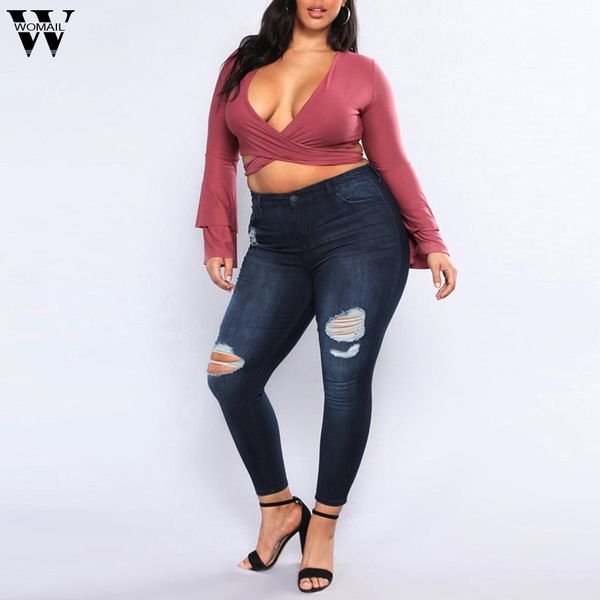 

womail плюс размер джинсы повседневные брюки для женских женщин брюки с карманами hole zipper рваные джинсовые штаны середины талии джинсы a, Blue