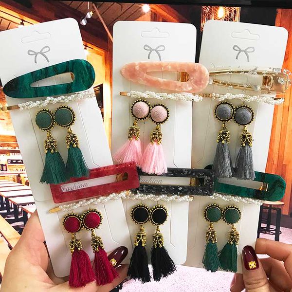 

fashion earrings set pearl hair clips barrettes and tassel earring for women acrylic hairpins sweet girls hair accessories 2020, Golden;silver