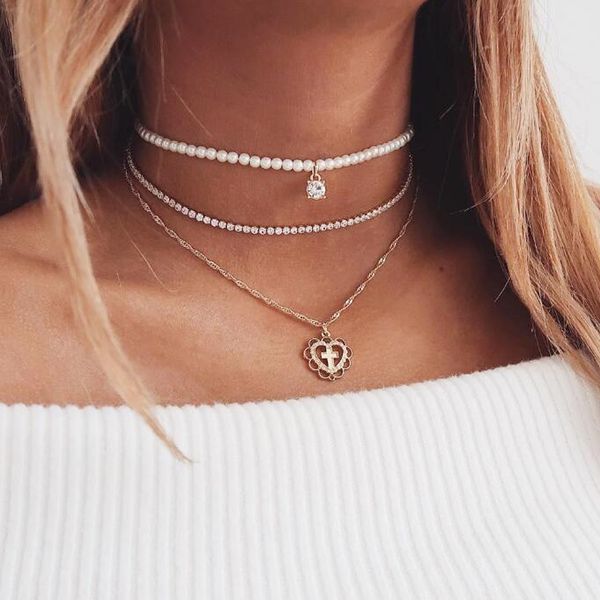 

pearl necklace collares de moda 2019 rhinestone collier femme naszyjnik choker ketting women chain bijoux heart cross necklaces, Silver